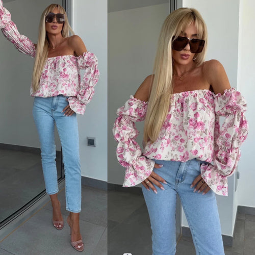Dame Off-Shoulder Bluse med Blomsterprint og Flæseærmer Stilla