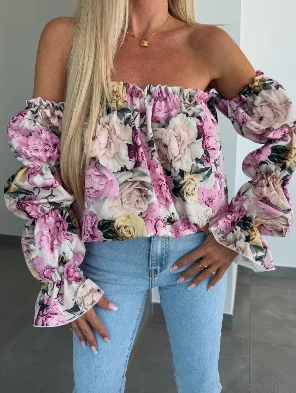 Dame Off-Shoulder Blomster Puffærmer Top Stilla