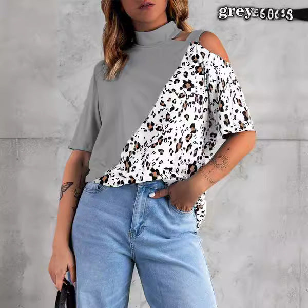 Dame modet T-shirt med trendudskæringer og leopardmønster Stilla