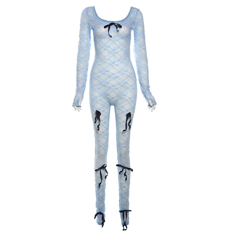 Dame bodysuit i fin lace med dekorative sløjfer Stilla