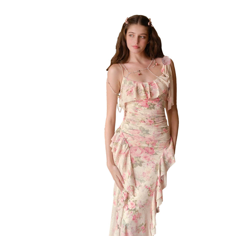 Dame Maxikjole med asymmetrisk ruffle-design og blomster mønster Stilla