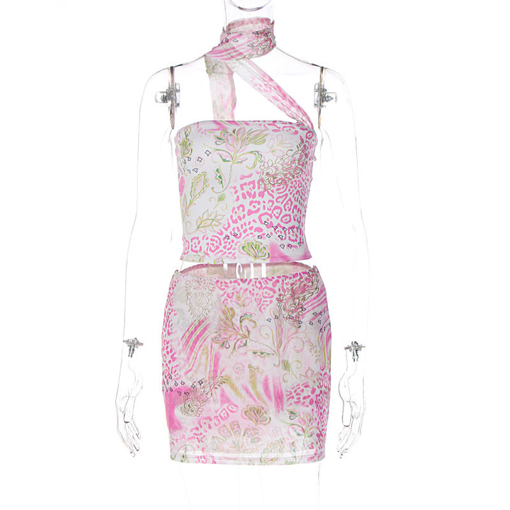 Dame Crop-top og nederdel sæt med asymmetrisk design og blomstertryk Skovae