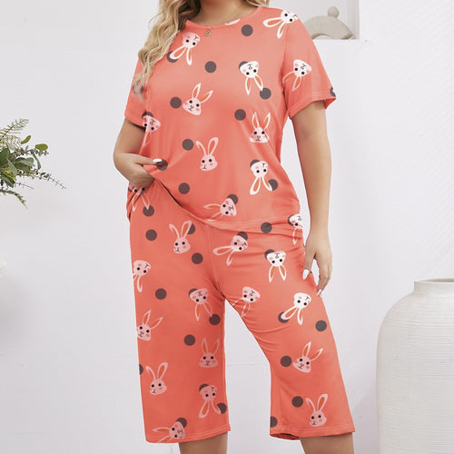 Dame kort pyjamasæt med legende kaninmotiv og generøs pasform Stilla