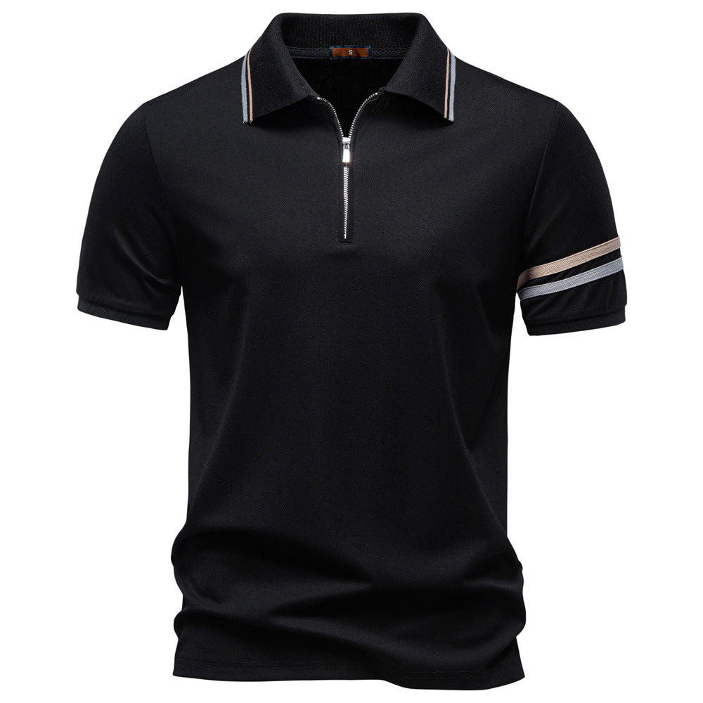 Herren nan åndbart elastisk poloshirt med kort lynlås og kontraststriber på ærmer Skovae