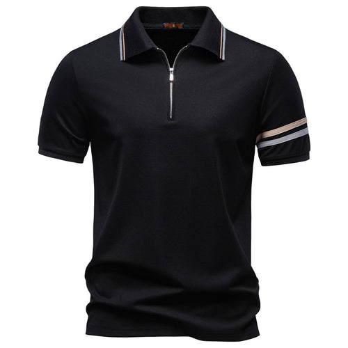Herren nan åndbart elastisk poloshirt med kort lynlås og kontraststriber på ærmer Skovae