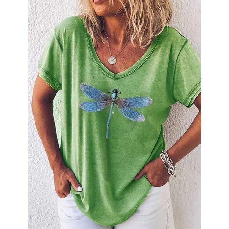 Damer V-hals grafik T-shirt med libelle-design Stilla