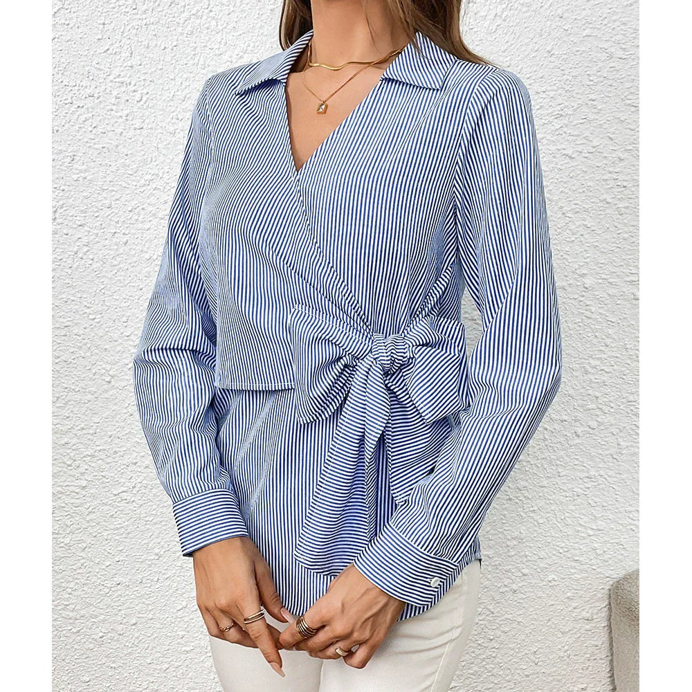 Stilla | Skjorte Slim Fit Wrap Stil Vertikale Striber Talje Snøring Lange Ærmer