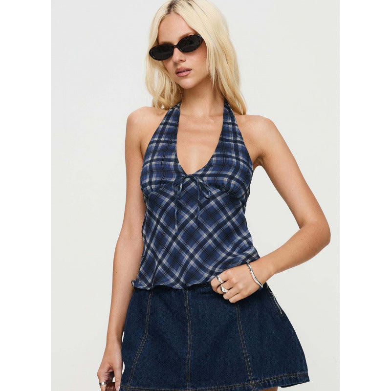 Dame Halter Udsnit Tjekket Top Stilla