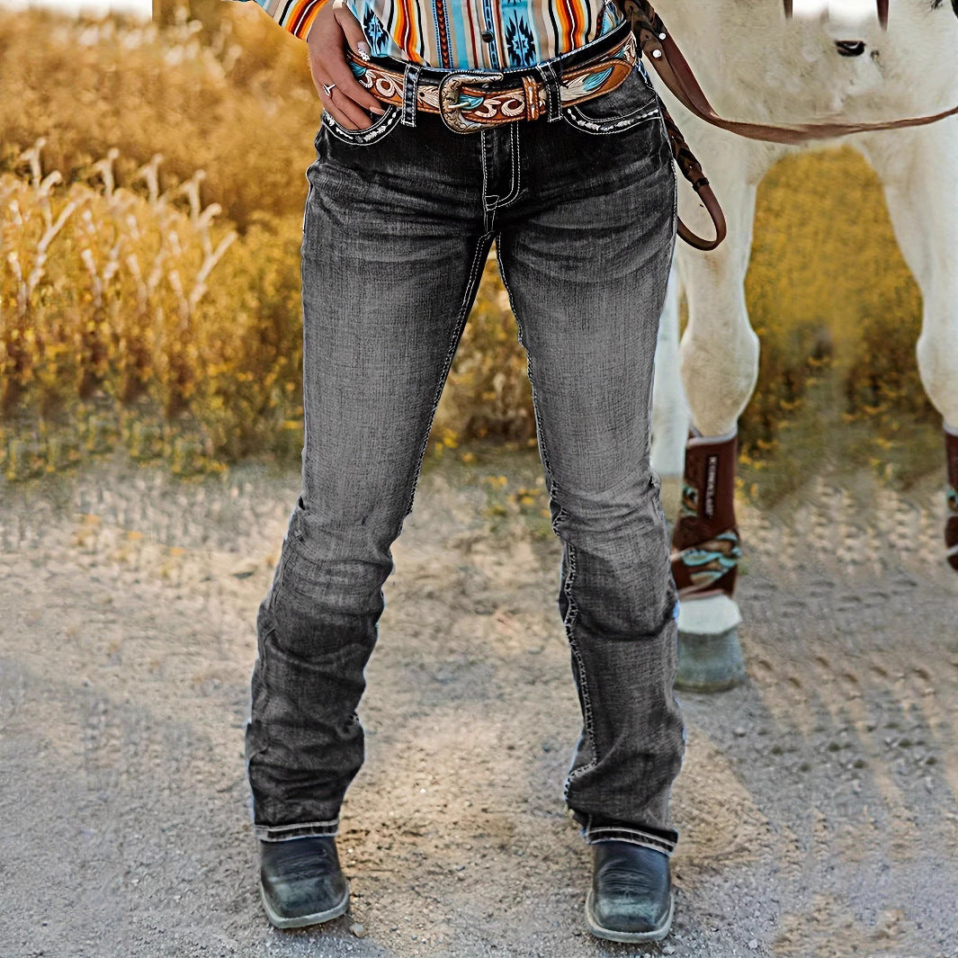 Dame jeans i western-stil med detaljeret hest-applikation Stilla