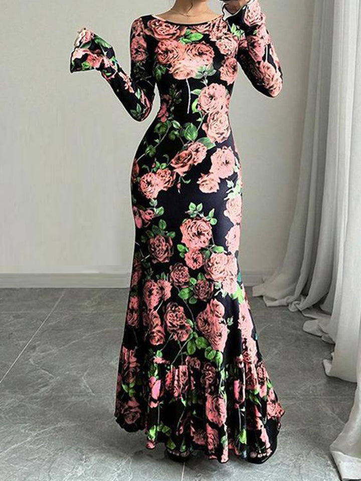 Kvinder Elegant Maxi Kjole med Blomster Rynke Detaljer og Lange Ærmer Stilla