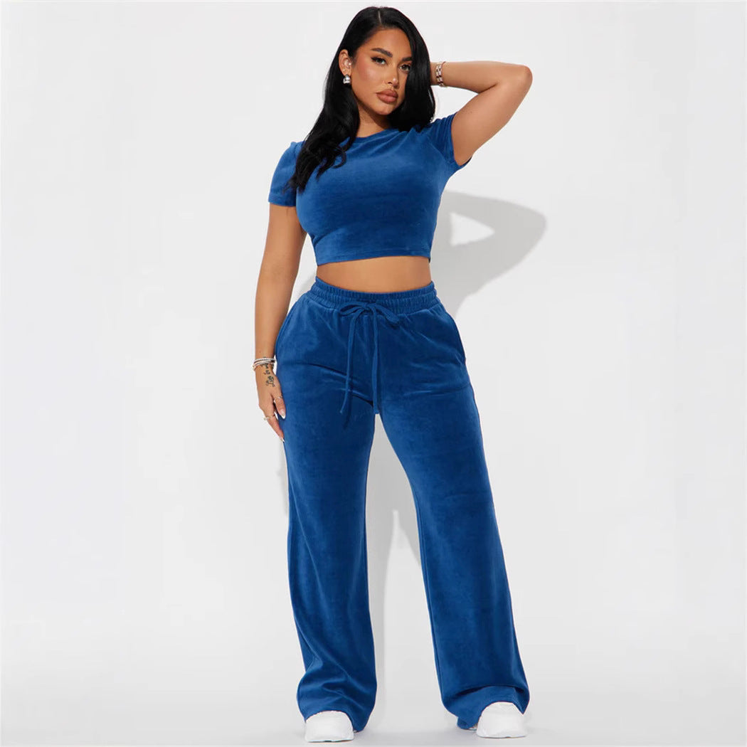 Damernes bløde velour loungewear sæt med cropped top og løse bukser Skovae