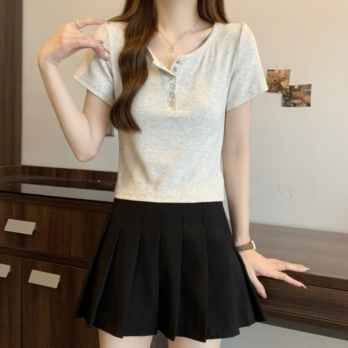 Dame Button-Up Kortærmet Henley Top Stilla