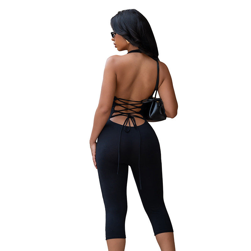Damen figurbetonter Jersey-Jumpsuit mit tiefem V-Ausschnitt und 3/4-Ärmeln Skovae