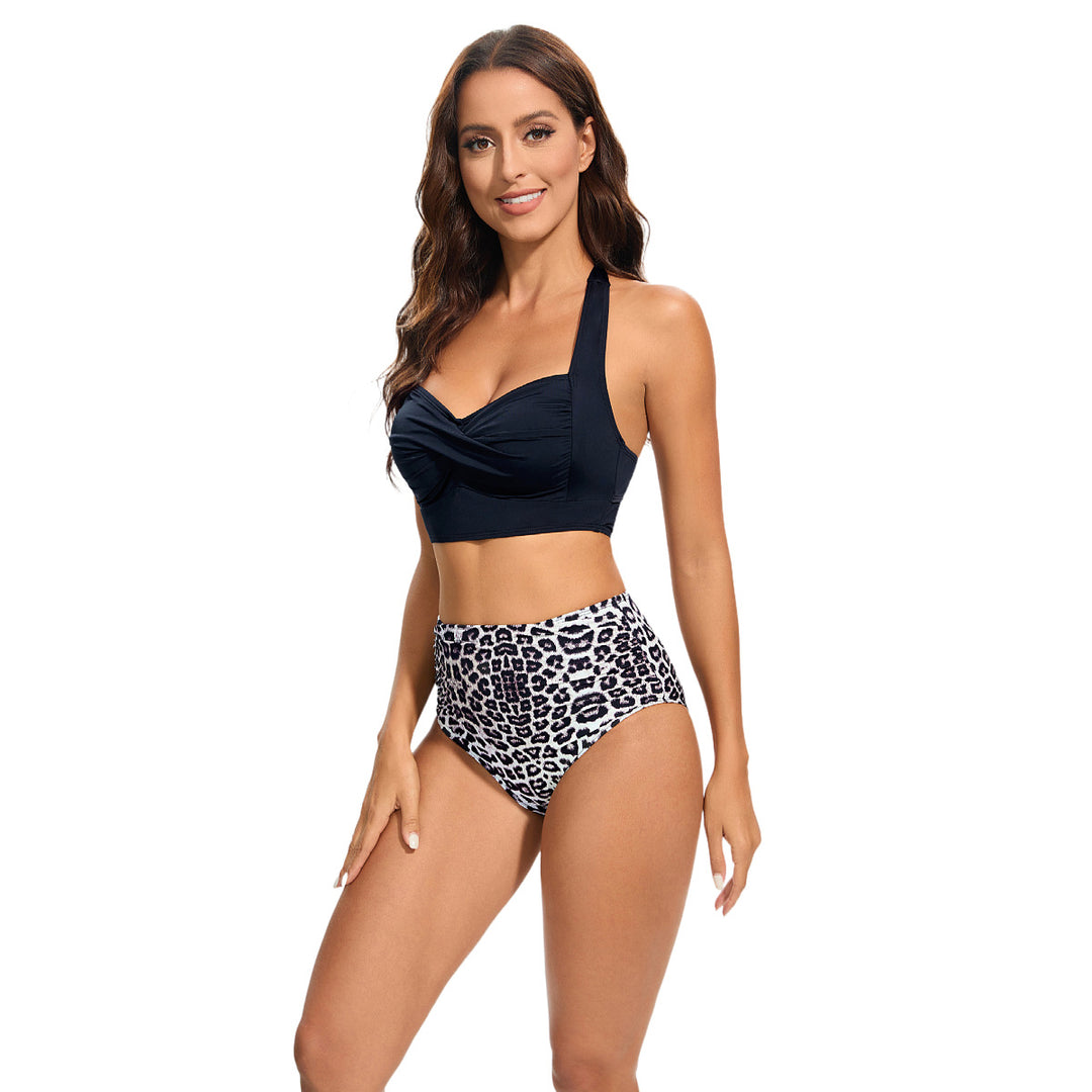 Damer Højtaljet Bikini-Sæt med polstret Top og Leoparddesign Skovae