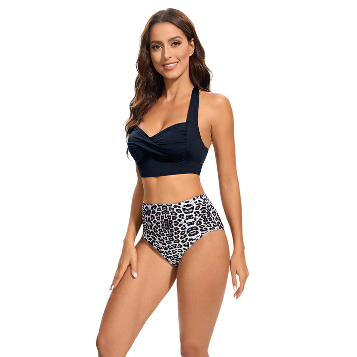 Damer Højtaljet Bikini-Sæt med polstret Top og Leoparddesign Skovae