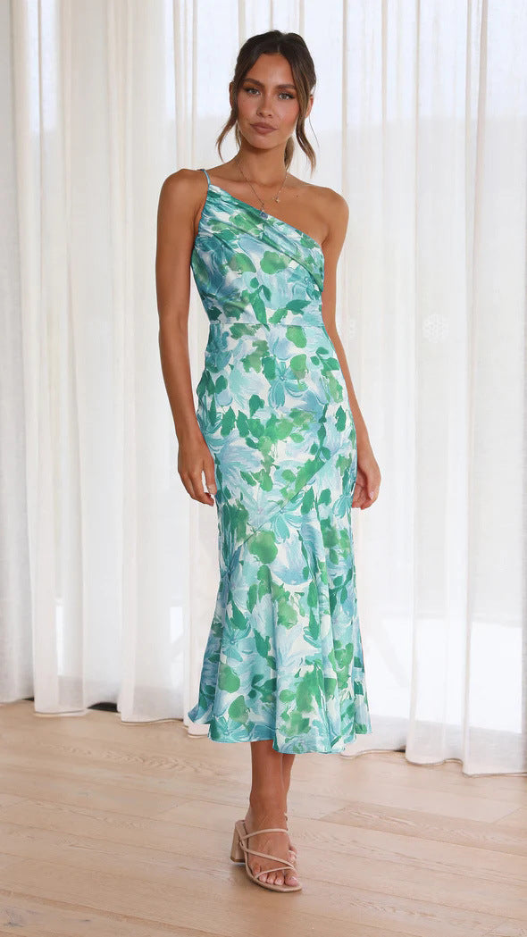 Dame elegant blomster-midi-kjole med asymmetrisk udskæring Stilla