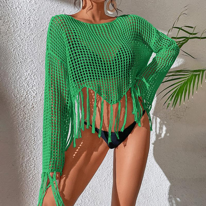 Dame Hæklet Strandpullover med Frynser og Luftig Gennemsigtighed Stilla