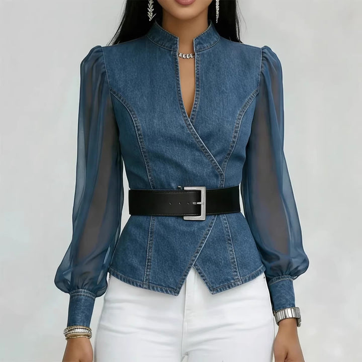 Kvindernes jeans bluse med gennemsigtige ærmer og skræddersyet design Skovae