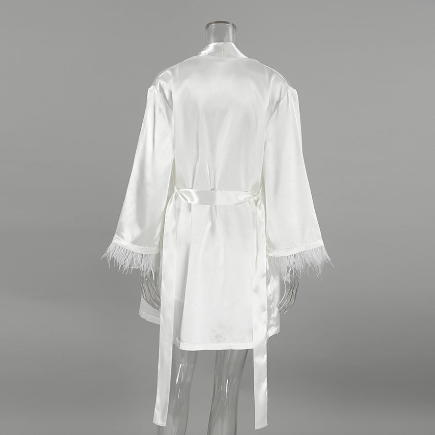 Dame Satin Pyjamas Sæt med elegante Fjer Stilla