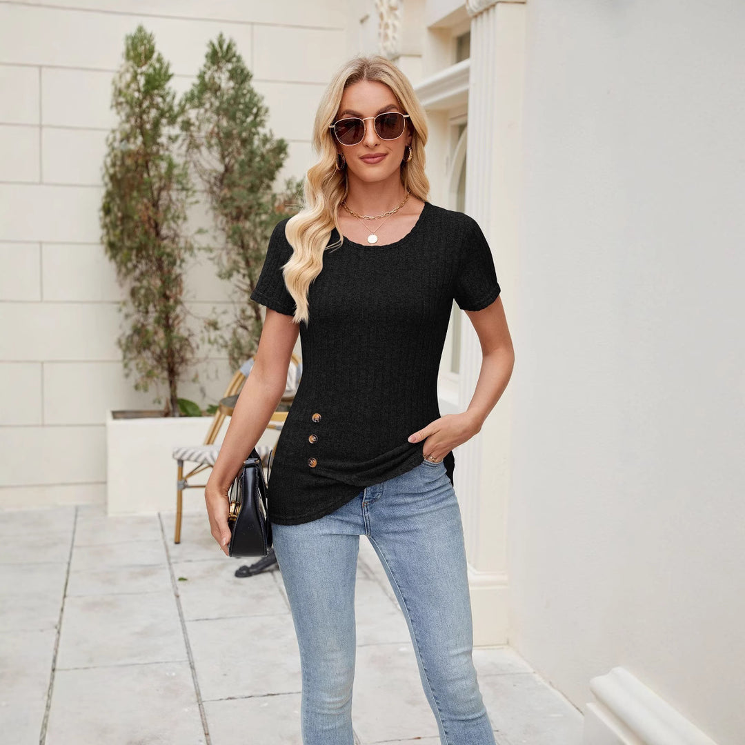 Dame struktureret T-shirt med dekorative knapdetaljer Stilla