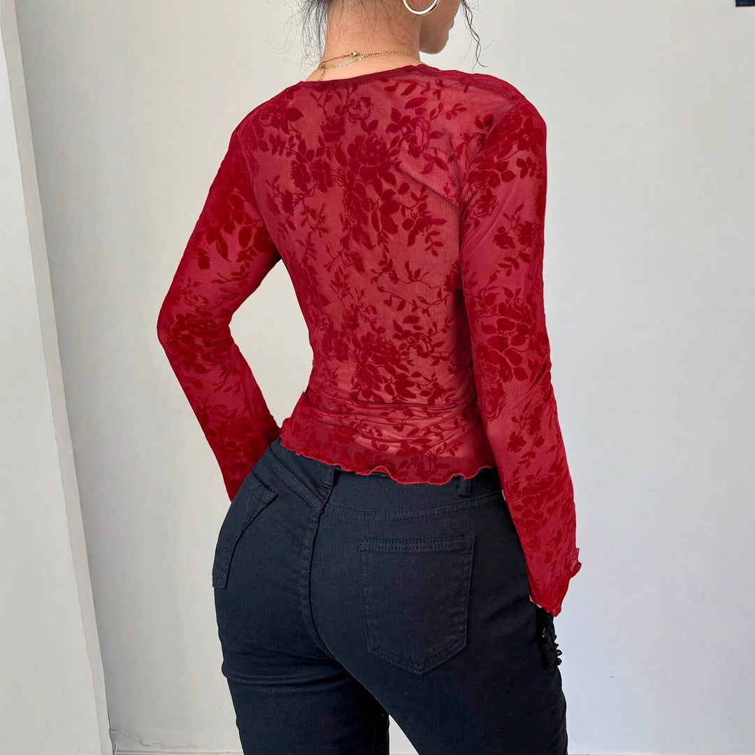 Dame nan en tætsiddende transparent mesh-spitzenbluse med dyb v-udskæring og floral velourstruktur skovae