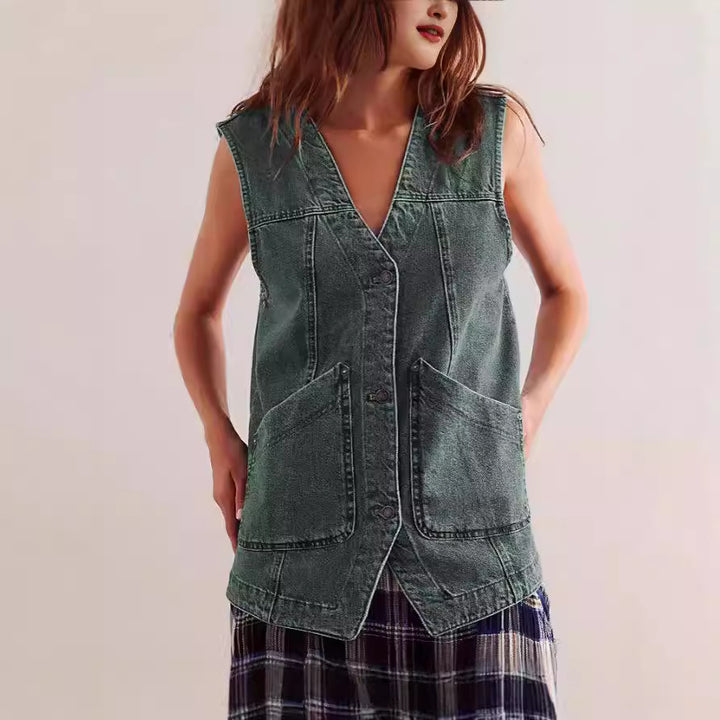 Dame afslappet jeansvest med dyb V-udskæring og store lommer Stilla