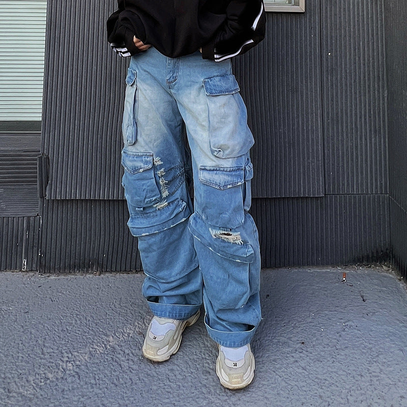 Dame Cargo-Jeans i afslappet oversized snit med unikke destroyed-detaljer Stilla