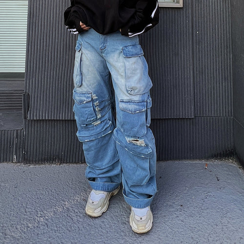 Dame Cargo-Jeans i afslappet oversized snit med unikke destroyed-detaljer Stilla