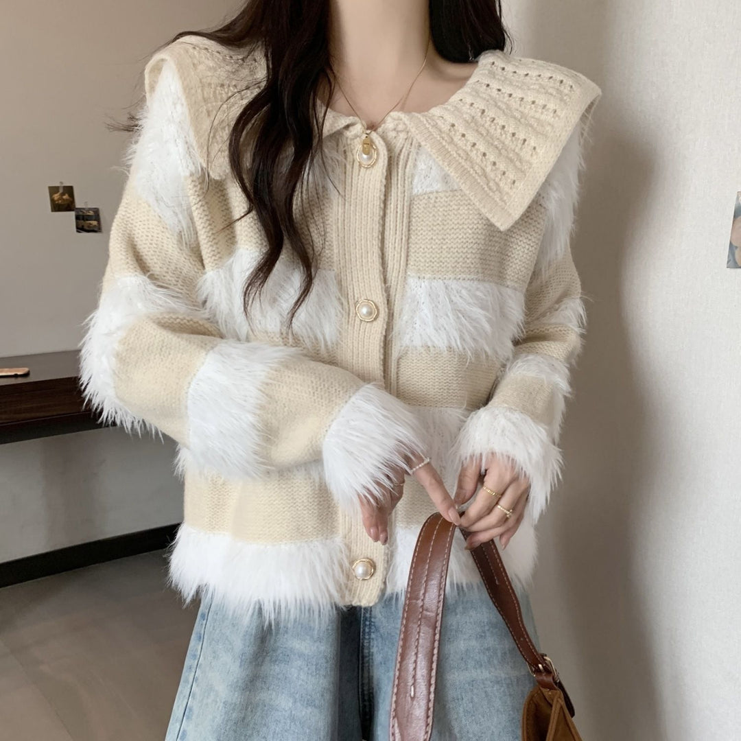 Kvinders cardigan med flettet krave og faux fur applikationer Stilla