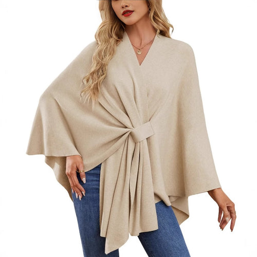 Dame elegant strikkeponcho med raffinerede draperinger og taljebælte Stilla
