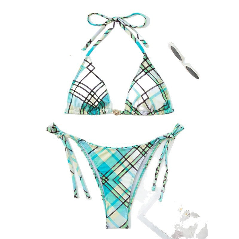 Dame triangel-bikini med moderne ternet mønster og justerbare stropper Skovae