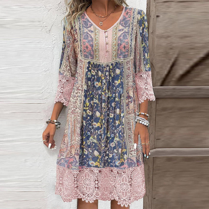 Dame skjortekjole med spidsdetaljer og blomsterdesign Stilla