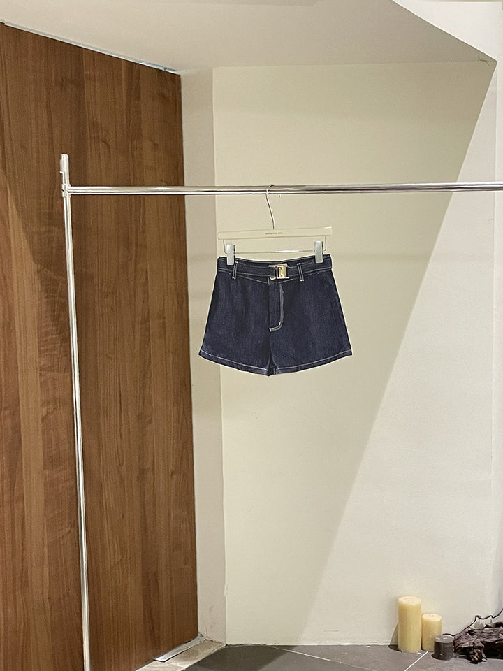 Dame denim-shorts med høj talje og bælt Stilla