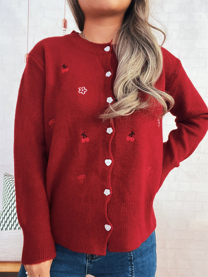 Dame cardigan med farverigt broderi-design og knaplukning Stilla
