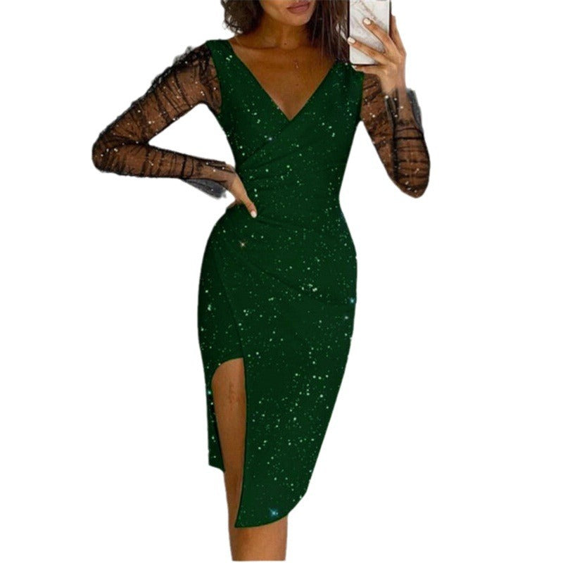 Dame Celestial Print Bodycon Midi Kjole med gennemsigtige ærmer Stilla