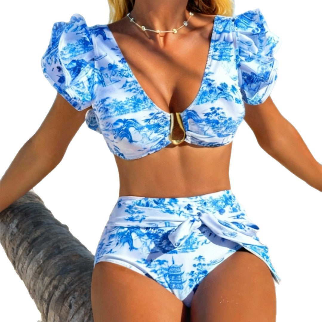 Dame Højskåret Retro-Bikini-sæt med Flæser Skovae
