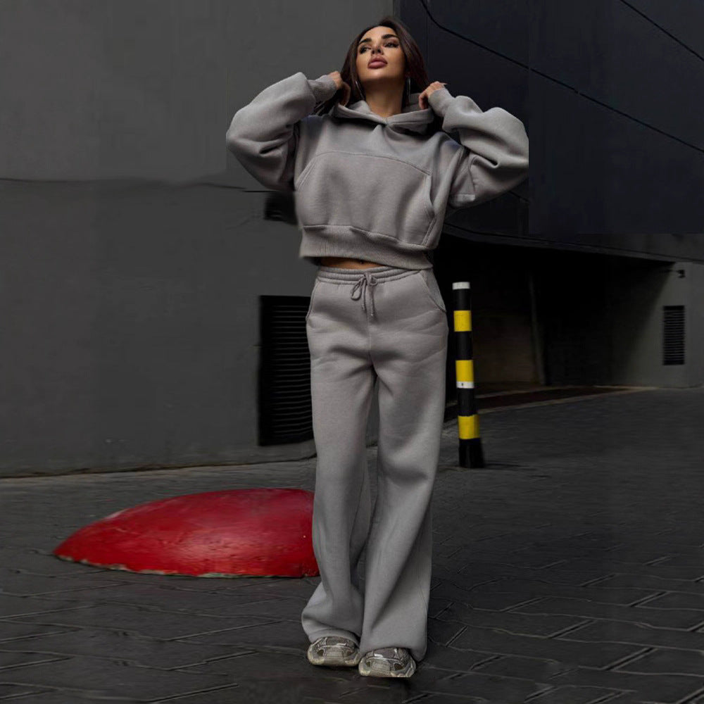 Kvinder casual cropped hoodie og bredsnit joggers sæt Skovae