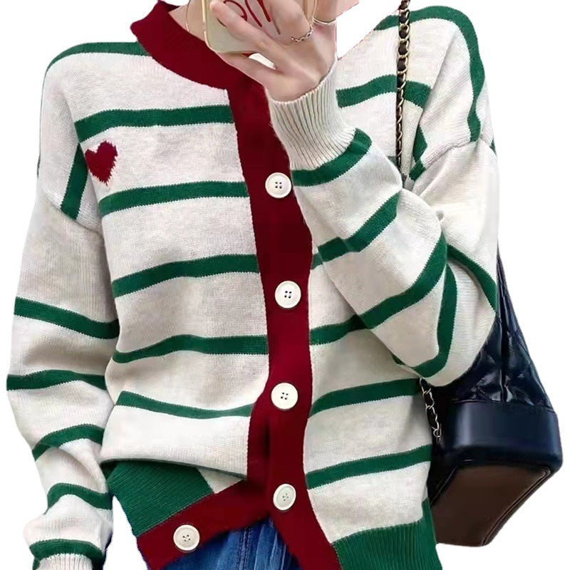 Femme Stribet Knap-Front Strikcardigan med Hjerte Symbol Stilla