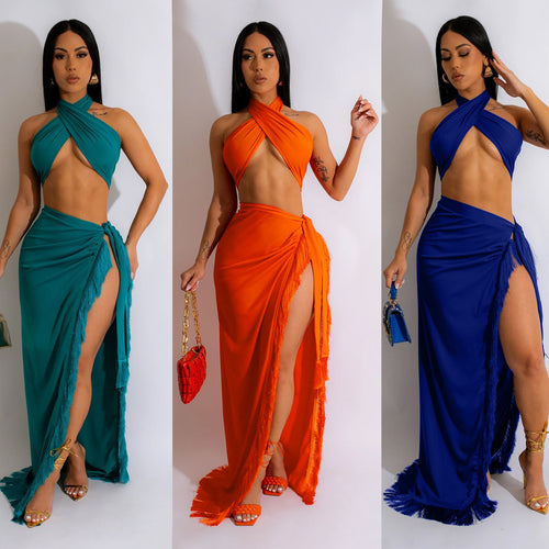 Damer Elegant Halterneck Maxi Kjole med Høj Slids Stilla
