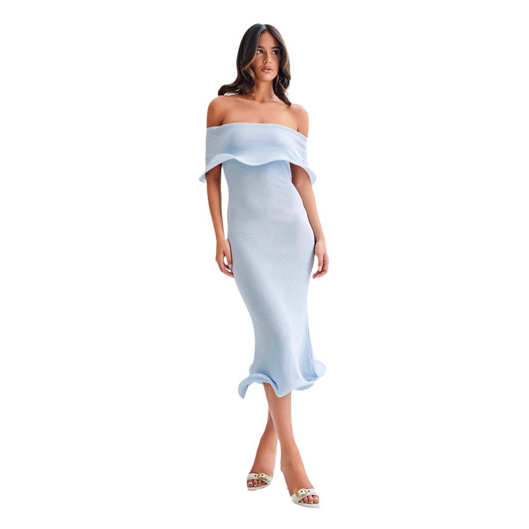 Dame Off-Shoulder Maxikjole med bølgekant og tætsiddende snit Stilla