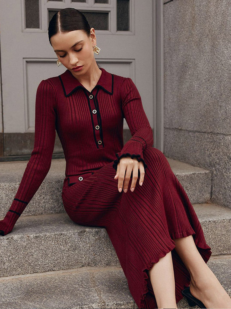 Dame elegant Maxikjole med struktureret ribdesign og smart krave Stilla
