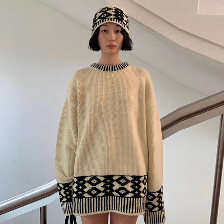 Dame Oversized Strikpullover med grafisk mønster og høje ribkanter Stilla