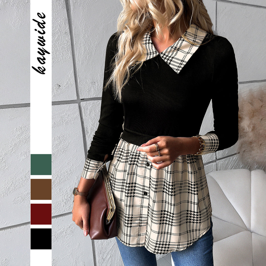 Dame bluse skjorte med ternet mønster og elegant krave Stilla