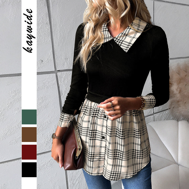 Dame bluse skjorte med ternet mønster og elegant krave Stilla