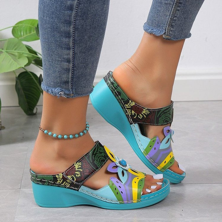 Dame mode Wedge-sandaler med blomsterdekoration Stilla