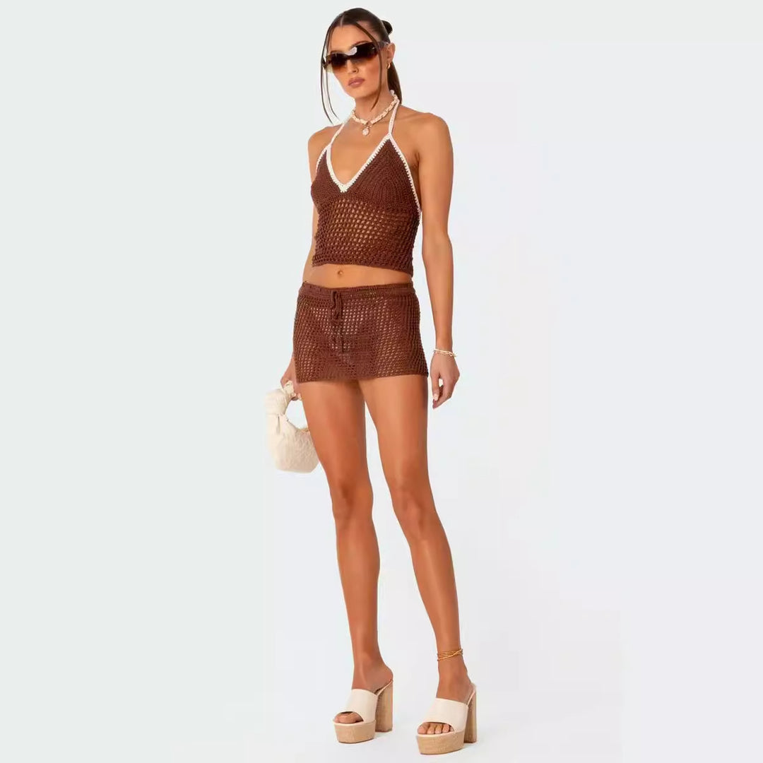 Dame hæklede strand-outfit med justerbar top og shorts Skovae
