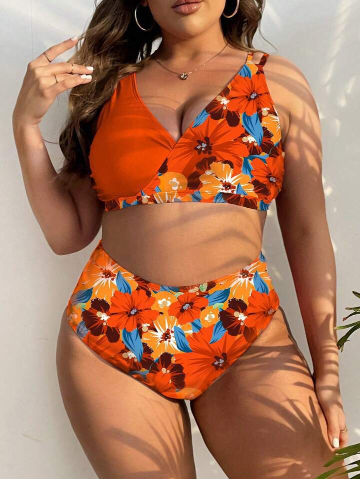 Damer Højskåret Bikini med Vikledesign og blomster mønster Skovae