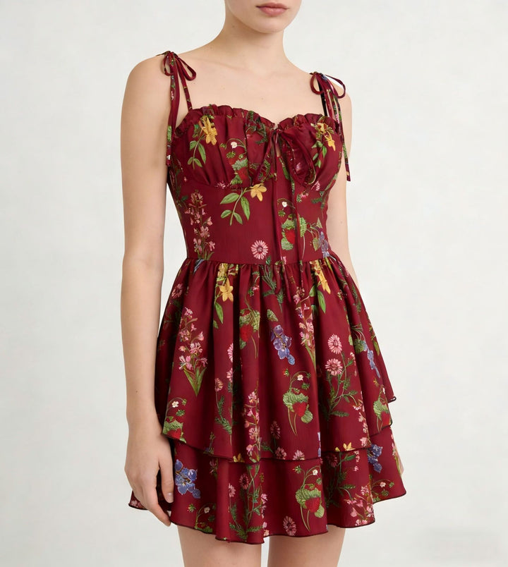 Dame minikjole med blomsterprint og bordeauxfarvet underskørt Skovae