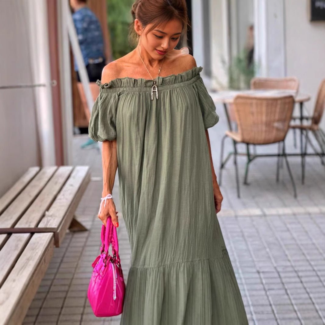 Dame Off-Shoulder Maxikjole med voluminøse pufærmer og flæser Stilla