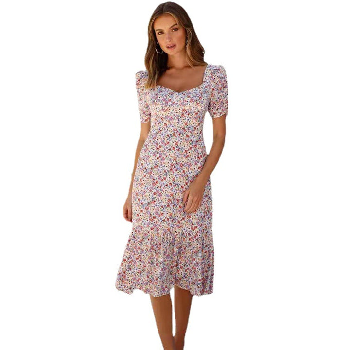 Dame Midi-kjole med feminine puffærmer og floral flæsekant Stilla